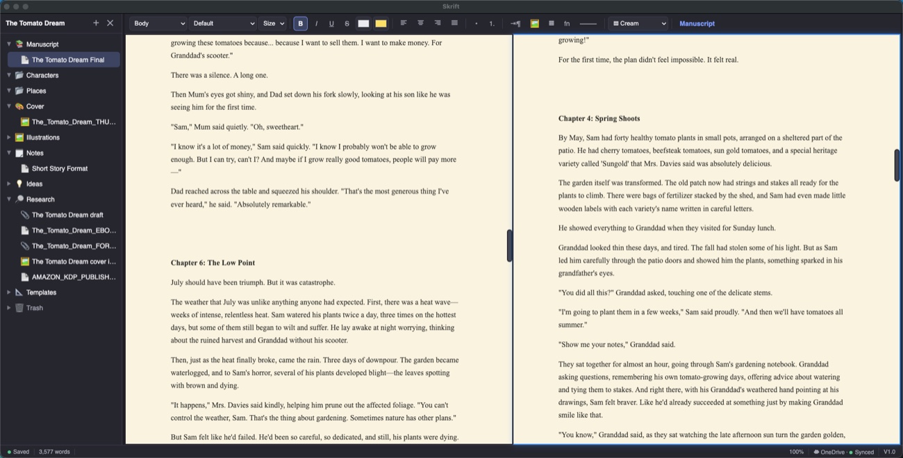 Skrift's split-window editor showing two documents side by side