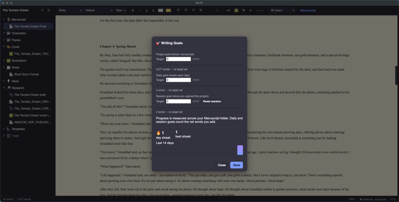 Skrift's writing goals panel with project and daily progress bars and a streak chart